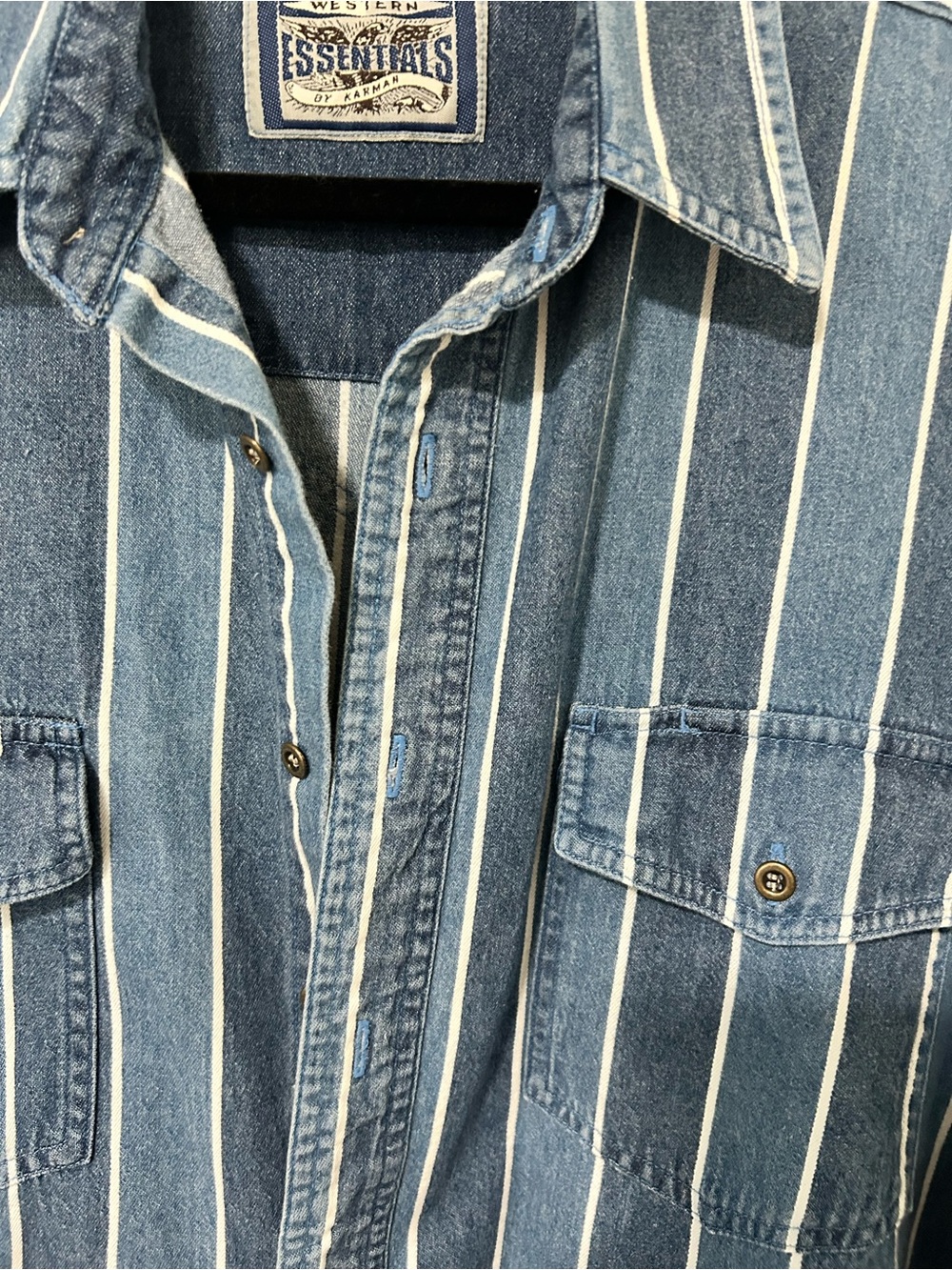 Vintage Western Essentials Denim Stripe Button Up Shirt Blue White Size Large - Picture 4 of 6